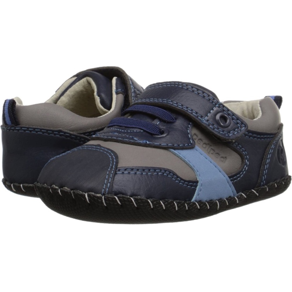 PEDIPED Franklin Navy Grey Sz 6-12 Months Soft-Soled Leather Baby Shoes Sneakers